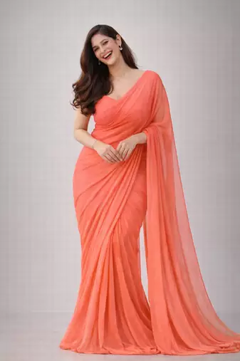 Coral color plain georgette designer saree with blouse