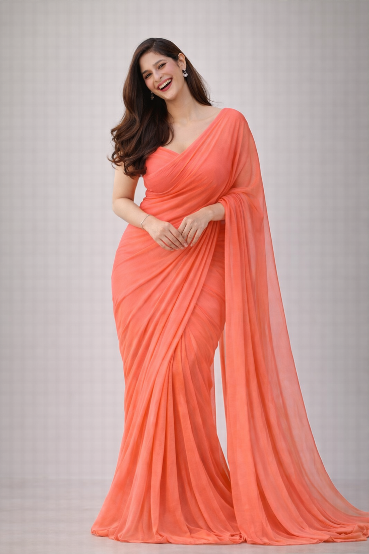 Coral color plain georgette designer saree with blouse