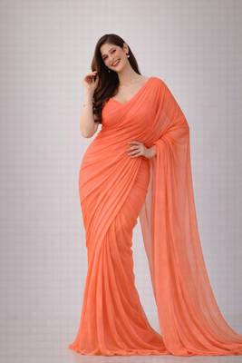 Coral color plain georgette designer saree with blouse 2