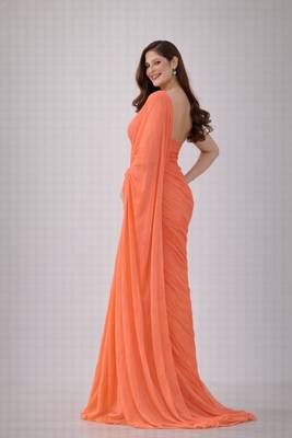 Coral color plain georgette designer saree with blouse 3