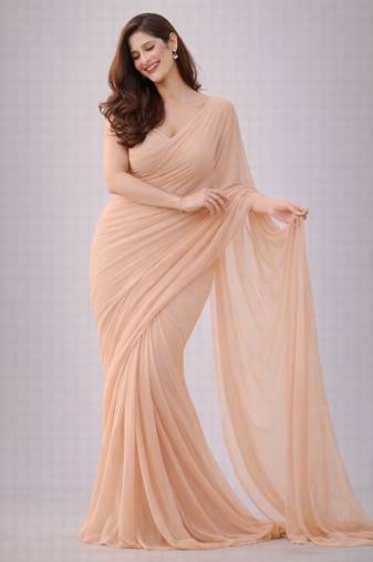 Cream color plain georgette designer saree with blouse