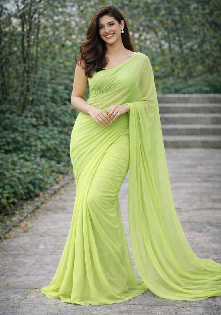 Lime  color plain georgette designer saree with blouse