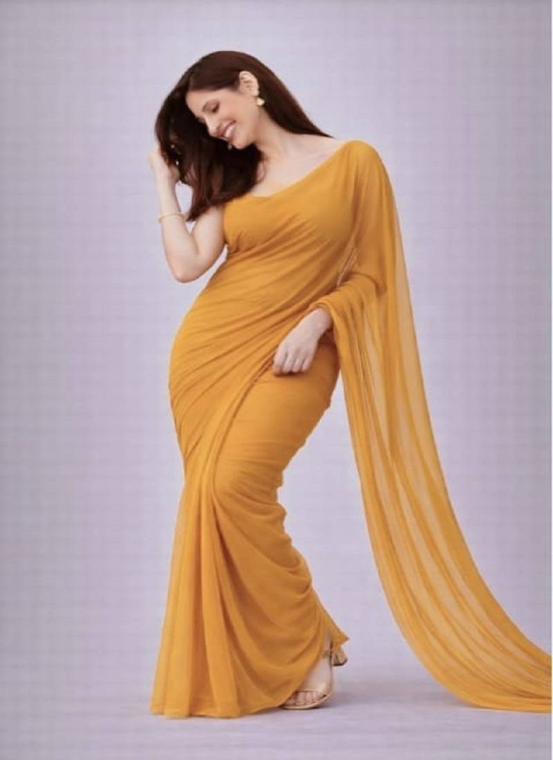 Mango color plain georgette designer saree with blouse