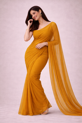 Mustard color plain georgette designer saree with blouse