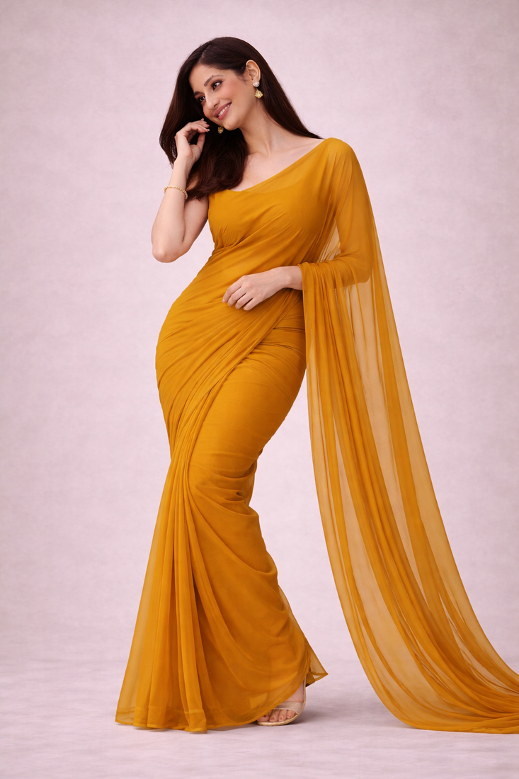 Mustard color plain georgette designer saree with blouse