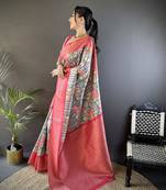 soft lichi art silk beige/ deep pink multi-color floral digital print paithani saree