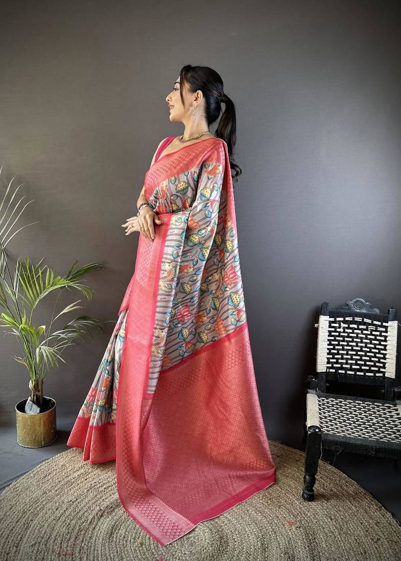 soft lichi art silk beige/ deep pink multi-color floral digital print paithani saree