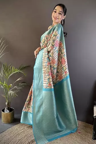 soft lichi art silk beige/feroze blue multi-color floral digital print paithani saree