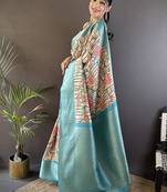 soft lichi art silk beige/feroze blue multi-color floral digital print paithani saree