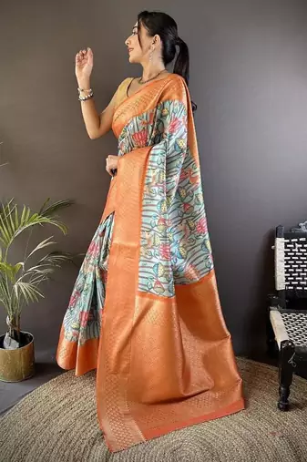 soft lichi art silk beige/orange multi-color floral digital print paithani saree