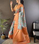 soft lichi art silk beige/orange multi-color floral digital print paithani saree