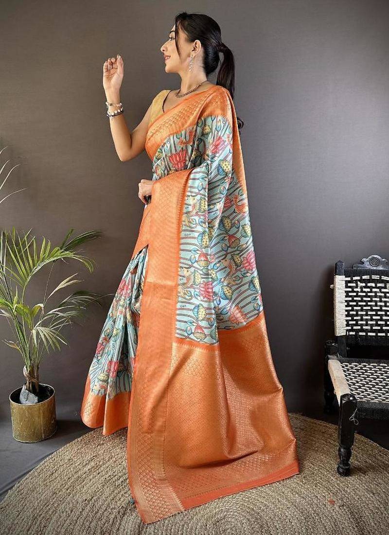 soft lichi art silk beige/orange multi-color floral digital print paithani saree