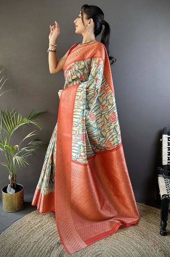 soft lichi art silk beige/ reddish-orange multi-color floral digital print paithani saree