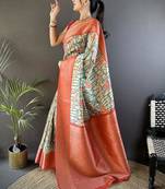 soft lichi art silk beige/ reddish-orange multi-color floral digital print paithani saree