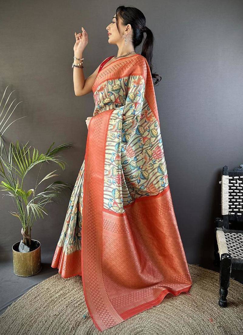 soft lichi art silk beige/ reddish-orange multi-color floral digital print paithani saree