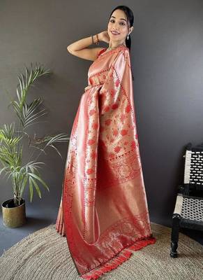 soft Art silk  peach flower jall pattern banarasi 1