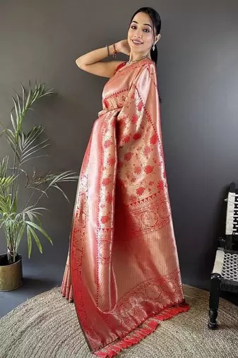 soft art silk  peach flower jall pattern banarasi