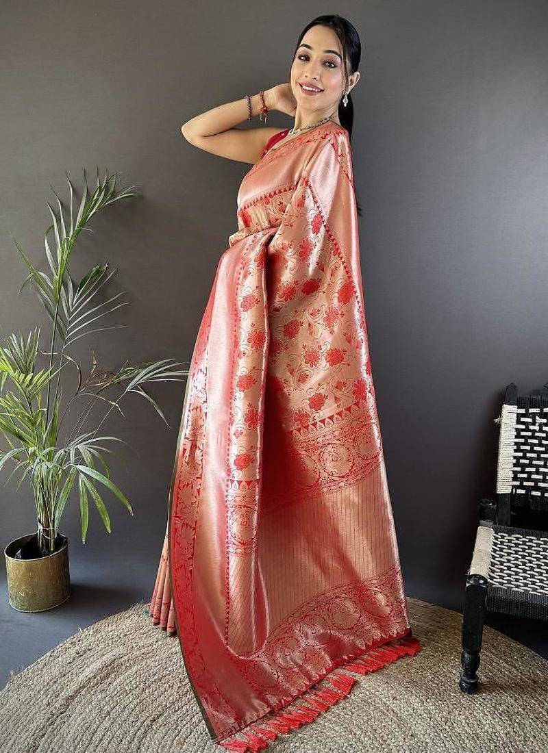 soft art silk  peach flower jall pattern banarasi