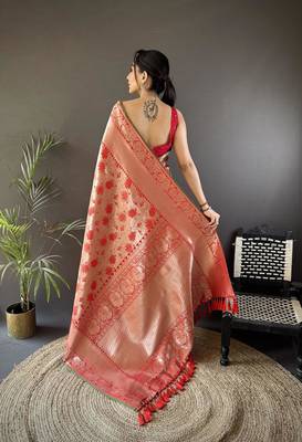 soft Art silk  peach flower jall pattern banarasi 2