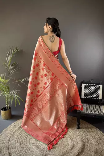 soft Art silk  peach flower jall pattern banarasi