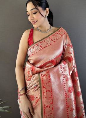 soft Art silk  peach flower jall pattern banarasi 5