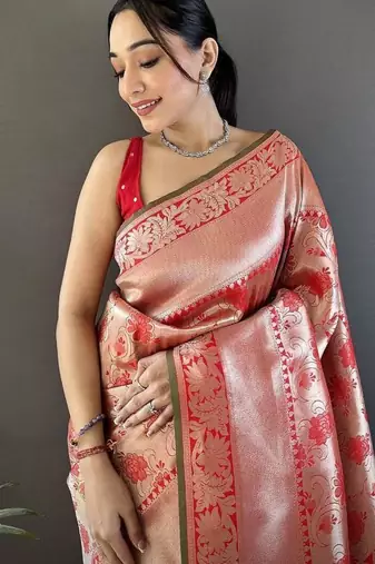 soft Art silk  peach flower jall pattern banarasi