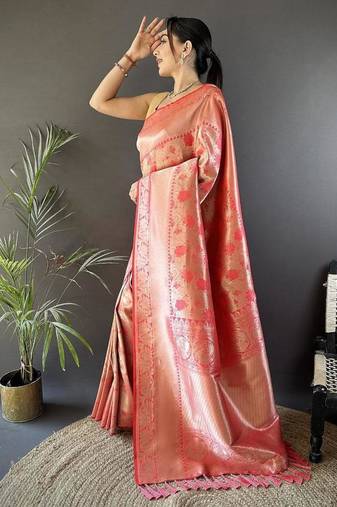 soft art silk onion pink flower jall pattern banarasi