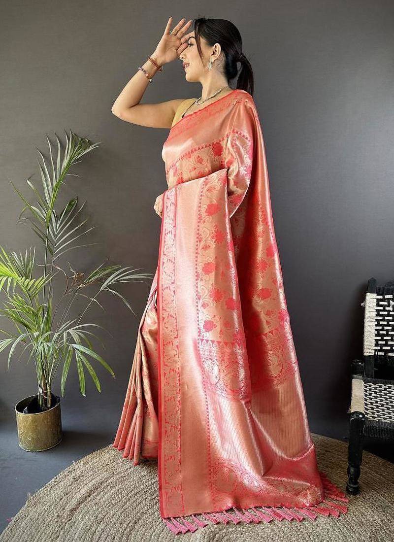 soft art silk onion pink flower jall pattern banarasi