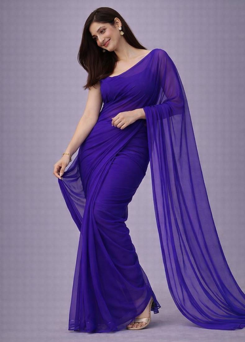 Purple color plain georgette designer saree with blouse