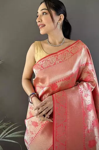 soft art silk onion pink flower jall pattern banarasi