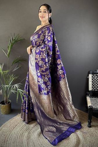 soft art silk violet floral & ethnic motifs design meenakari banarasi