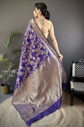 soft art silk violet floral & ethnic motifs design meenakari banarasi