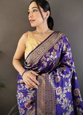 soft Art silk violet floral & ethnic motifs design meenakari banarasi 4