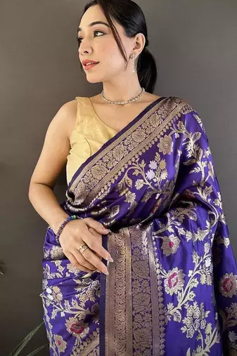 soft art silk violet floral & ethnic motifs design meenakari banarasi