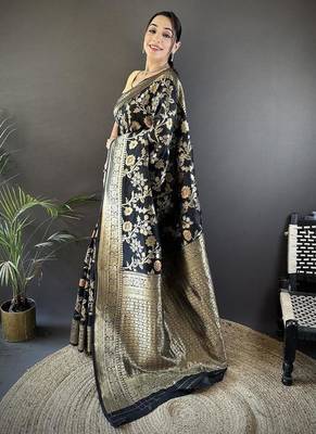 soft Art silk black floral & ethnic motifs design meenakari banarasi 1