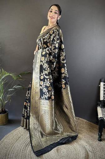 soft art silk black floral & ethnic motifs design meenakari banarasi