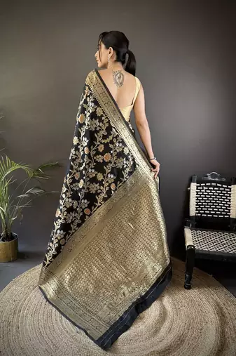soft art silk black floral & ethnic motifs design meenakari banarasi