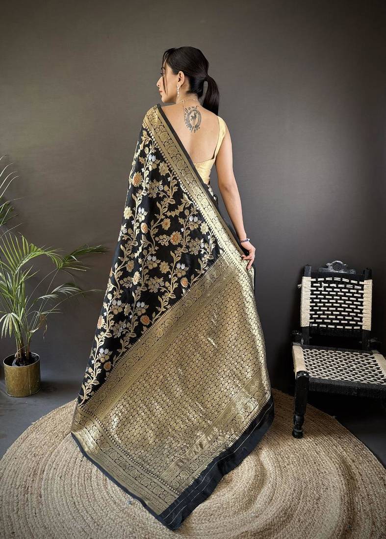 soft art silk black floral & ethnic motifs design meenakari banarasi