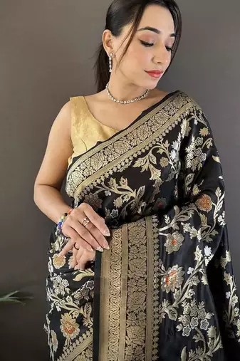 soft art silk black floral & ethnic motifs design meenakari banarasi