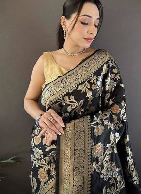soft Art silk black floral & ethnic motifs design meenakari banarasi 4