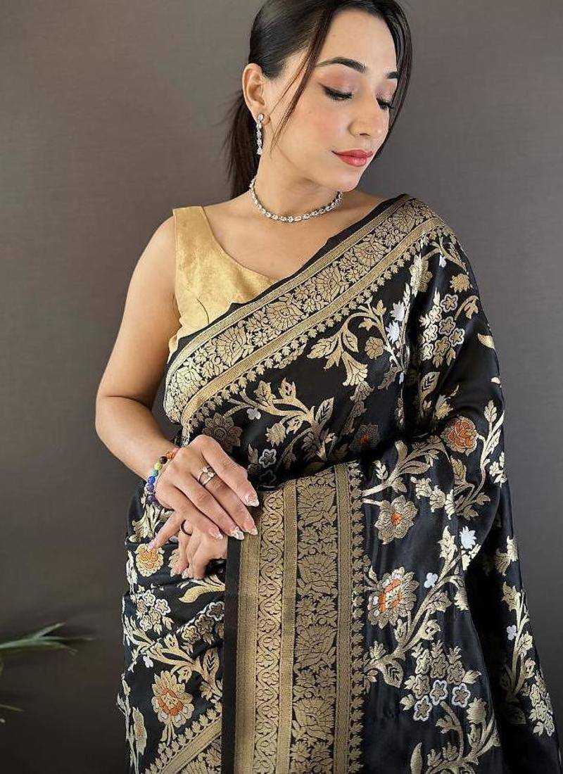 soft art silk black floral & ethnic motifs design meenakari banarasi