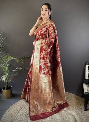 soft Art silk maroon floral & ethnic motifs design meenakari banarasi 1