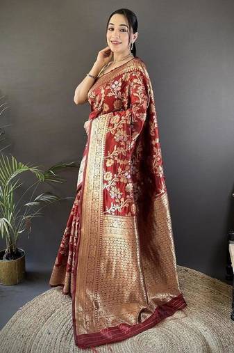 soft art silk maroon floral & ethnic motifs design meenakari banarasi