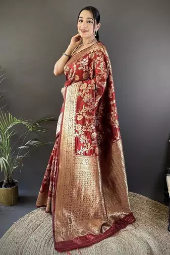 soft art silk maroon floral & ethnic motifs design meenakari banarasi