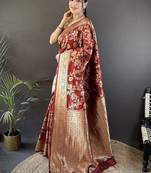 soft art silk maroon floral & ethnic motifs design meenakari banarasi