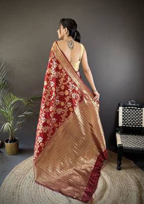 soft Art silk maroon floral & ethnic motifs design meenakari banarasi 2