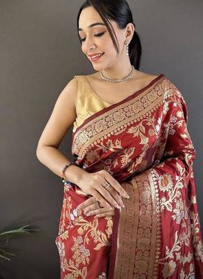 soft Art silk maroon floral & ethnic motifs design meenakari banarasi 3