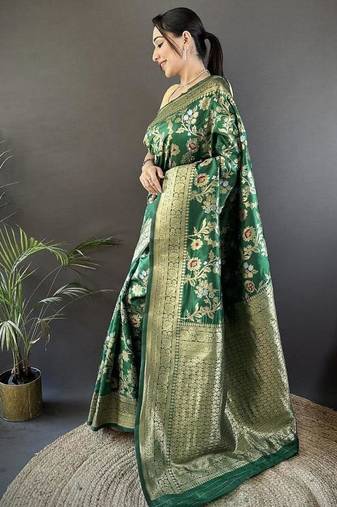 soft art silk green floral & ethnic motifs design meenakari banarasi