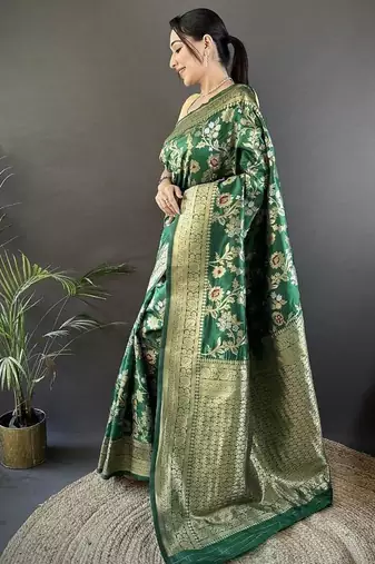 soft art silk green floral & ethnic motifs design meenakari banarasi