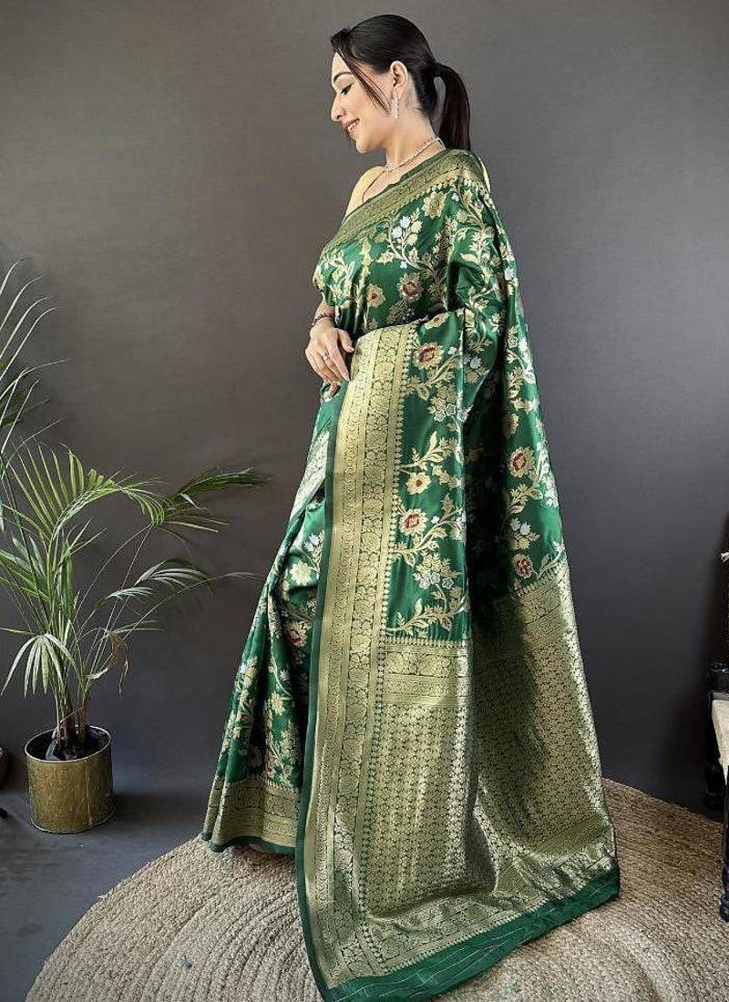 soft art silk green floral & ethnic motifs design meenakari banarasi